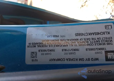 2019 Chevrolet Spark Activ Cvt из США, поврежденный, VIN KL8CH6SA4KC745925